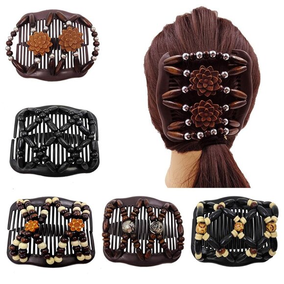 Wood Beaded Hair Combs Set Double Side Bun Maker Multi-Style Accessories - Picture 1 of 7